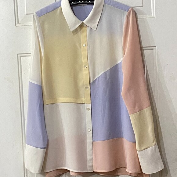 ecru Silk Sz S Blouse Shirt Tunic Long Sleeve Patchwork Block Color Soft Multi - Picture 1 of 8